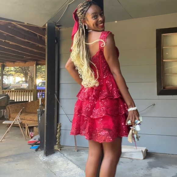 Dark Red A-Line Off The Shoulder Short Glitter Homecoming Dress With Appliques - Picture 2 of 4